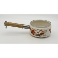 Vintage Kingsbury Dogwood Enamel Saucepan Wood Handle Floral Made in Japan picture