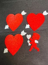 4 VINTAGE MELTED PLASTIC POPCORN VALENTINE'S DAY CUPID & HEART WITH ARROW DECO picture