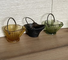 VTG Lot 3 Hazel Atlas Amber Green Cast Iron Coal Scuttle Bucket Ashtrays READ picture