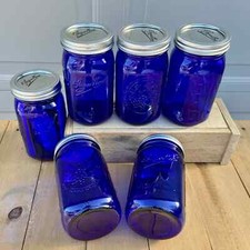 6 Cobalt BLUE vintage style QUART mason canning jars - NEW WIDE mouth 32 oz. picture