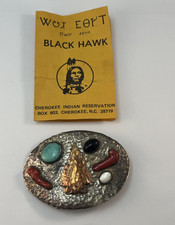 Vintage Cherokee NC Black Hawk & Light Feather Silver Belt Buckle Turquoise Cora picture