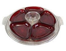 Anchor Hocking Manhattan Glass Relish Tray with Royal Ruby Inserts Vintage Rare picture