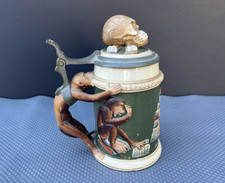 RARE Antique German REINHOLD HANKE Darwin Chimp Monkey & Human Skull Beer Stein picture