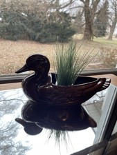 FRANKOMA Brown Glaze Ceramic 11” Duck Planter With Potted grass 1950-1970 picture
