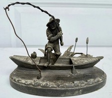 RARE Vintage Metal Fisherman in Boat Figurine on Oval Base Angling Nautical  picture