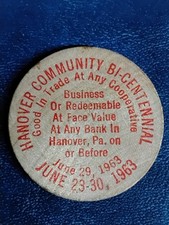 VTG 1963 Hanover Community Bi-Centennial Hanover, Pa. Wooden Nickel 5c Value picture