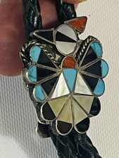 VTG Native American ZUNI STERLING SILVER MOSAIC INLAY THUNDERBIRD BOLO TIE Sign picture