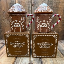POTTERY BARN GINGERBREAD HOUSE STONEWARE LIDDED MUG OF 2 CANDY CANE CHRISTMAS picture