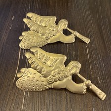 2 Etched Brass Flying Angel Horns Candle Huggers Wrap Christmas 10” Ornaments picture