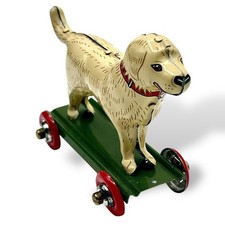 Vintage Mini Reproduction White LABRADOR RETRIEVER Dog Toy On Wheels 2.25” EUC picture