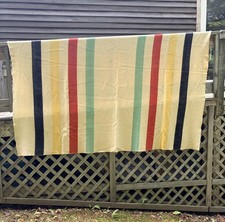 Vintage Wool Blanket Hudson Bay Style 78x88 Striped Black Red Green Yellow picture