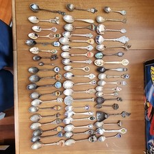 56 Souvenir Spoons Vintage Metal Enamel Assorted silver plated, 830, 900 picture