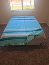Vtg Baron Woolen Mills Blanket Turquoise Teal Striped 100% Wool Satin Trim 6x7 picture