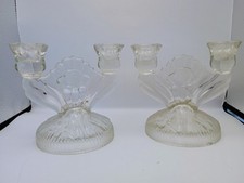 Vtg Pair Jeannette Iris & Herringbone Clear Dbl Taper Glass Candlestick Holders picture