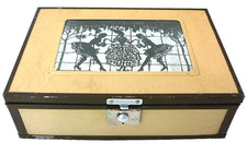 VTG 1920s Wood Cigar Box Mirror Serrao Tax Stamp Reverse Silhouette Tobacciana picture