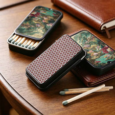 Metal Match Box Case Protective Metal Sliding Top w Strike plate on back Retro picture