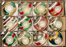Lot VTG Glass Double Indent STARBURST Stripe BALL Christmas Ornament Shiny Brite picture