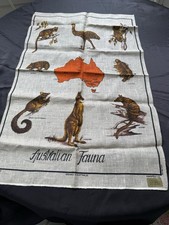 Vintage Linen Souvenir Tea Towel Australian Fauna w/ Native Animals Handpainted picture