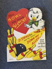Vintage Valentine Card Anthropomorphic Bowling Ball & Pin picture