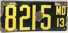 1913 Porcelain Maryland License Plate MD 8215 picture