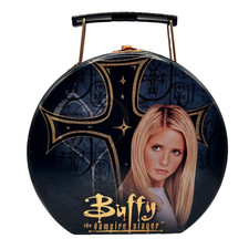 Y2K vtg BUFFY THE VAMPIRE SLAYER Tin Metal Round LUNCHBOX Case Lunch Box Bag picture