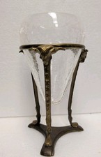 Blenko Art Deco Style Crackle Glass Vase /Rams Head Brass Stand 1960's 8