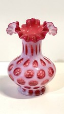 Fenton Coin Dot Cranberry Opalescent Glass Double Crimped Vase picture