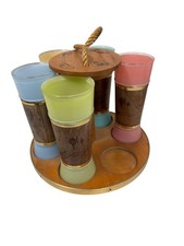 Vintage Mid-Century 1960s Siesta Ware Tiki Wood Frosted Glass Set of 5 + Holder picture