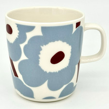 Marimekko Oiva Unikko Blue-Grey & Wine Red Poppy Floral Stoneware Coffee Mug picture