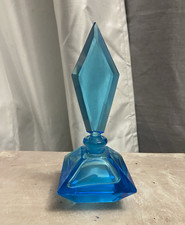 Vintage Bohemian Art Deco Blue Glass Perfume Bottle with Diamond Shape Stopper picture