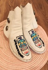 White Leather Beaded Authentic Moccasins Native American Thunderbird   picture