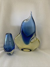 Vintage Czech Republic Unique Pair Hand Blown Vases Blue And Yellow Art Glass picture