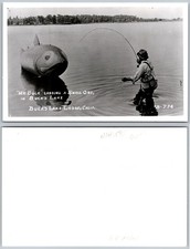 Exaggeration Giant Fish Fisherman Wading Lake Humor Postcard picture