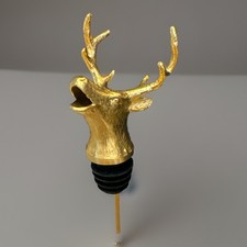 Old Elk Head Gold Metal Bottle Pourer Deer Antlers Barware Open Mouth 6” picture