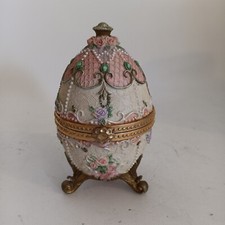 Vintage Resin Egg Trinket Box Hinged Pink Floral Pearl Enamel Footed Jewelry Box picture