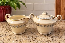 Vintage Syracuse China Blue Laurel Sherwood Old Ivory Creamer & Sugar Bowl w/Lid picture