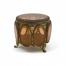 Vintage Pink Glass Ormolu Filigree Jewelry Casket Box Footed Vanity Trinket Box picture