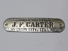 VTG J.F. Carter Union City Tennessee Buggy Emblem Tag Plaque Carriage TN Gas Oil picture