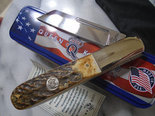Queen USA Large Sheepsfoot Barlow Pocket Knife Deer Stag 1095CS QGSH180 7