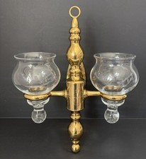 Vintage Polished Brass Double Arm Wall Sconce Candle Holder Glass 14