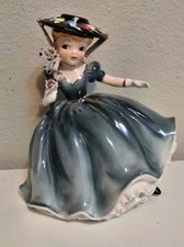Vintage MCM Girl Ceramic Figurine Hat Flowers Ruffle dress Lefton Norcrest style picture