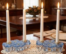 Vtg Pair Colony Glass Candleholders Blue Dogwood Flower Double Taper 7.25