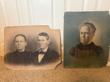 2 Victorian Large Antique Portraits Haunted House Halloween Late 1800s Damaged picture
