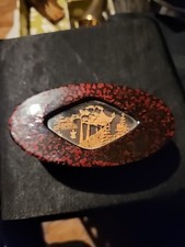 Asian Cork Art Trinket Box Tortise Shell Trees Mountains Pagoda picture