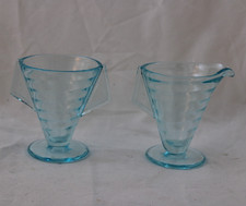 Westmoreland Huxford 1707 Optic Spiral Sugar & Creamer Vtg 1920s Ice Blue Footed picture