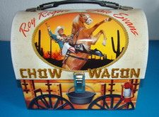 Roy Rogers - Dale Evans Dome Lunch Box / Lunch Tote, Collectible Chow Wagon Tin picture