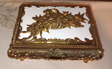 Vintage Gold Tone Ornate Casket / Trinket Box with White Enamel Detail Japan picture