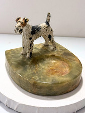 Vintage Wire Fox Terrier Dog Figurine Green Onyx Ashtray Cast Metal picture