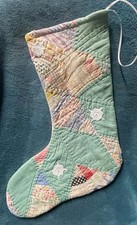 FABULOUS ANTIQUE VINTAGE CUTTER QUILT CHRISTMAS STOCKING GREEN  & MULTI 26-55 picture