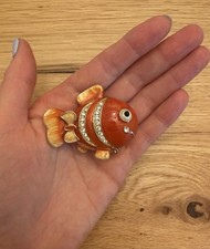 Bejeweled Orange Girl Bow Fish Trinket Box – Enameled Metal & Crystal Marked 